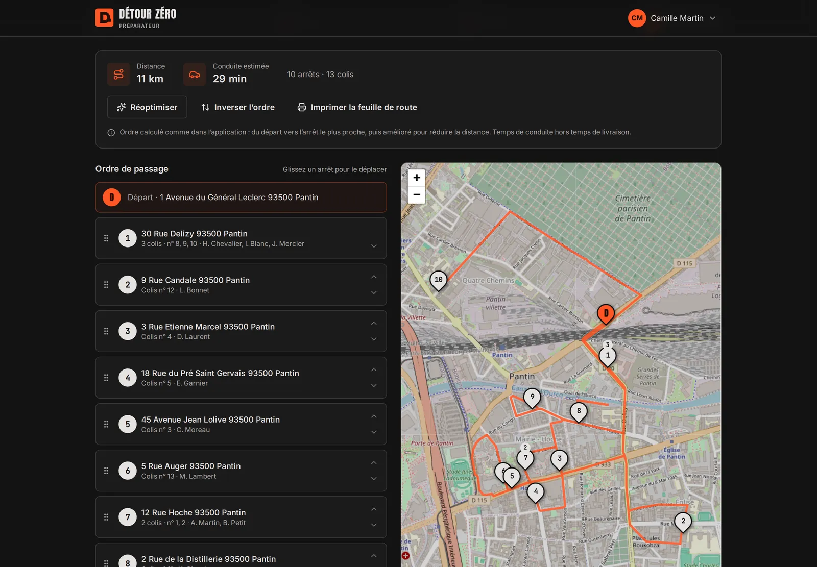 Le préparateur web Détour Zéro : ordre de passage de 10 arrêts à Pantin, 11 km et 29 minutes de conduite, itinéraire tracé sur la carte.